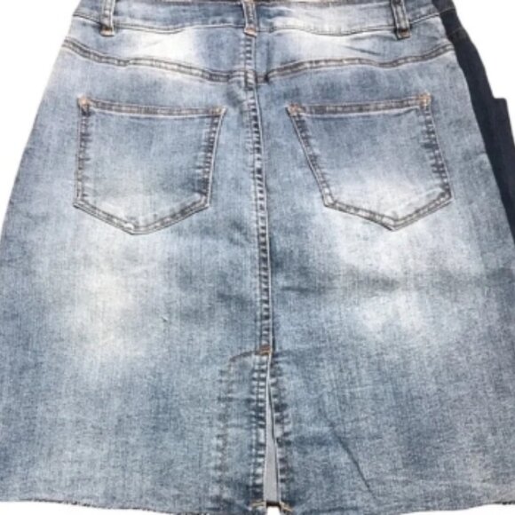 Highway Jeans | Dark Wash & Medium Wash Raw Hem Button Back Split Fly Jean Skirt - Picture 3 of 3